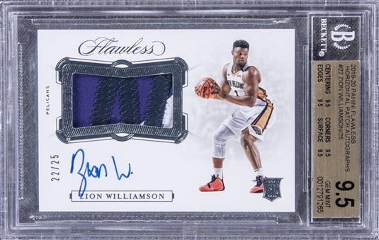 2019-20 Panini Flawless Horizontal Patch Autographs #HP-ZWL Zion Williamson Signed Game Used Patch Rookie Card (#22/25) – BGS GEM MINT 9.5/BGS 10